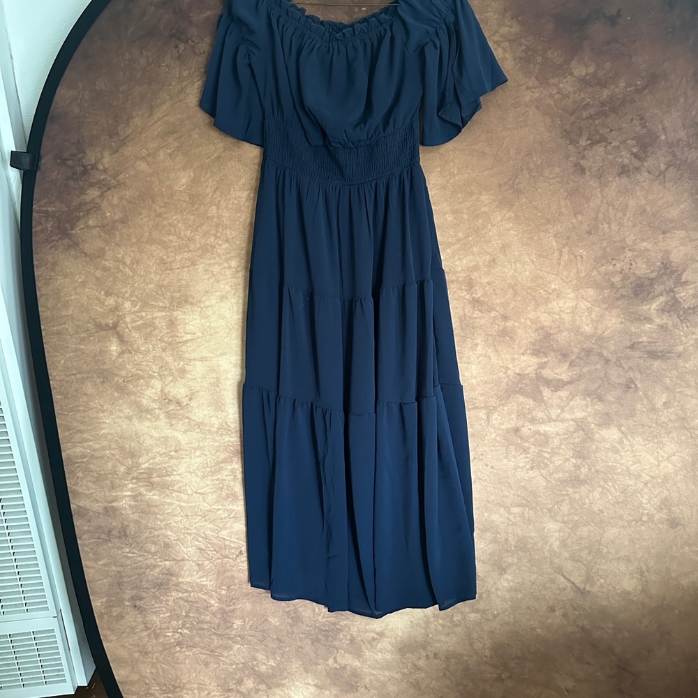 Scarlet Darkness Peasant Elegant Off-Shoulder Navy Maxi Dress
